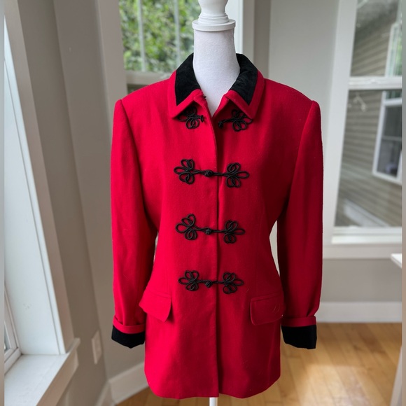 Vintage International Scene Red Wool Blazer Jacket Black Velvet Collar Cording S - Picture 3 of 13